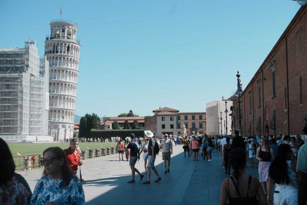 Leaning Tower of Pisa morning market view