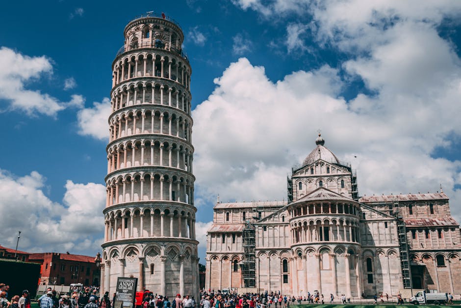 Tourists taking photos Leaning Tower crowd